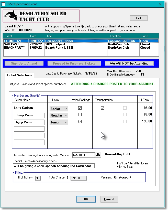 Marina Mate Accounting Event Web Portal Screen