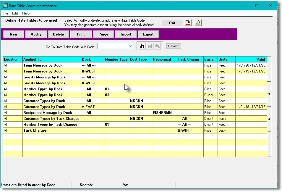 Rate Table Codes Grid Screen