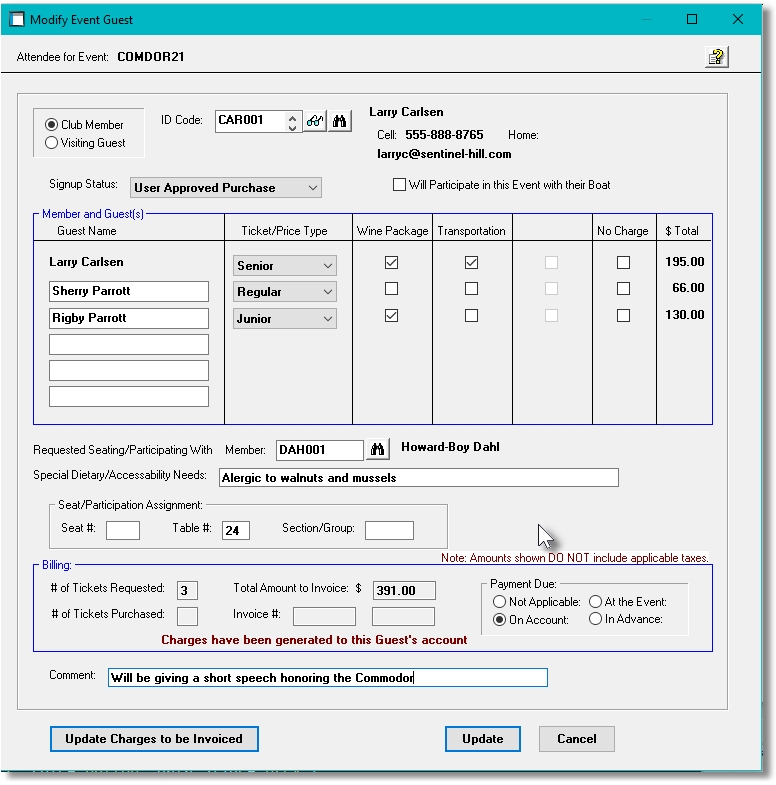 Marina Mate Accounting Special Event Attendee Screen